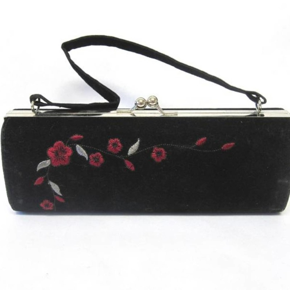 Vintage Barrel purse embroidered black velveteen